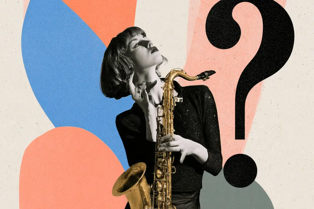 Collage of a woman holding a saxophone beside a large question mark.