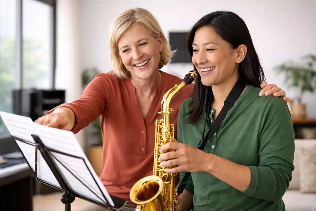 Woman holding an alto saxophone as another points to sheet music
