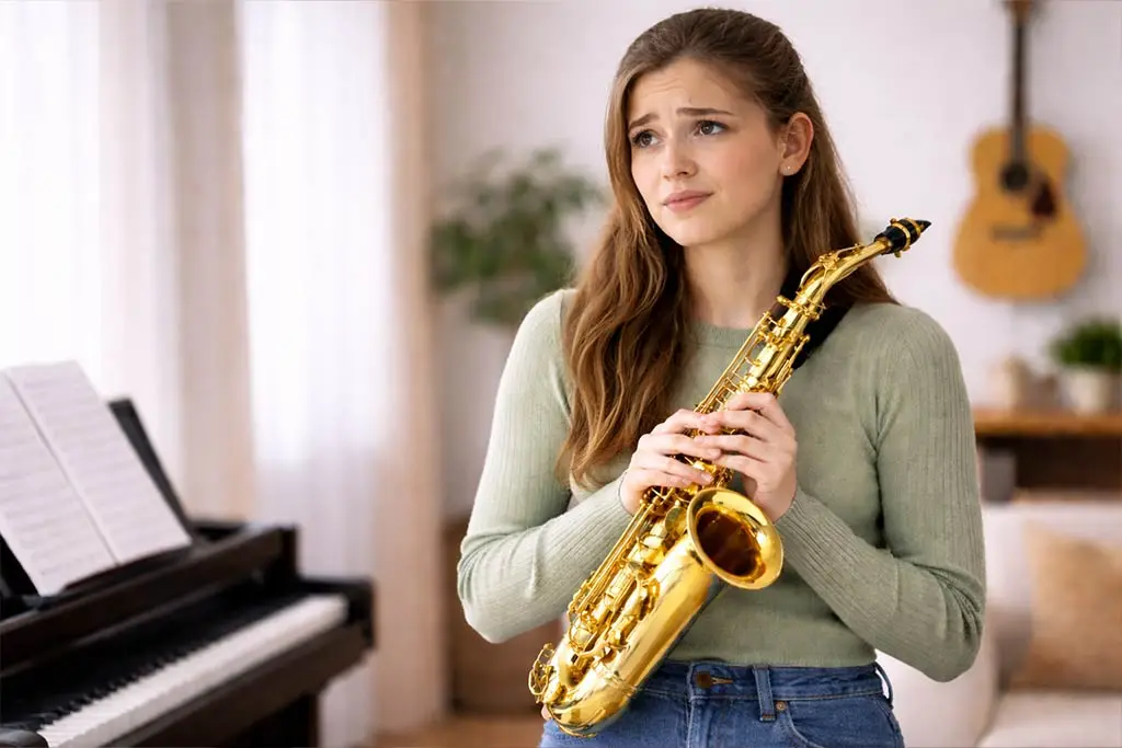 Young woman holding an alto saxophone beside a piano