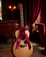 An acoustic guitar tied with a red ribbon in a warm room