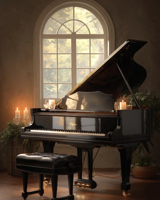 A black grand piano and stool beside an arched window, lit by candles