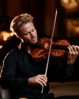 A blond man playing the violin, seated in a candlelit room