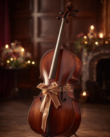 A cello tied with a gold ribbon in a candlelit room