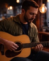 Man playing an acoustic guitar in a warm London loft