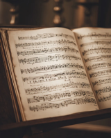 An open book of sheet music on a wooden stand