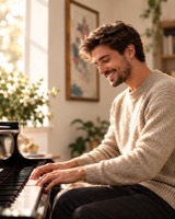 Man playing the piano in a sunlit room
