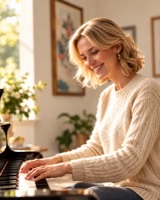 Woman playing the piano in a sunlit room