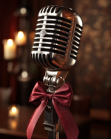 A vintage microphone tied with a red ribbon in a candlelit room