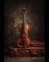 A viola standing on vintage leather cases