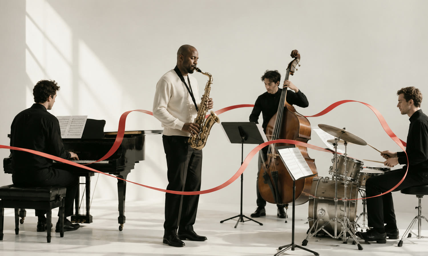 A jazz quartet — piano, saxophone, double bass and drums — playing together in a bright studio
